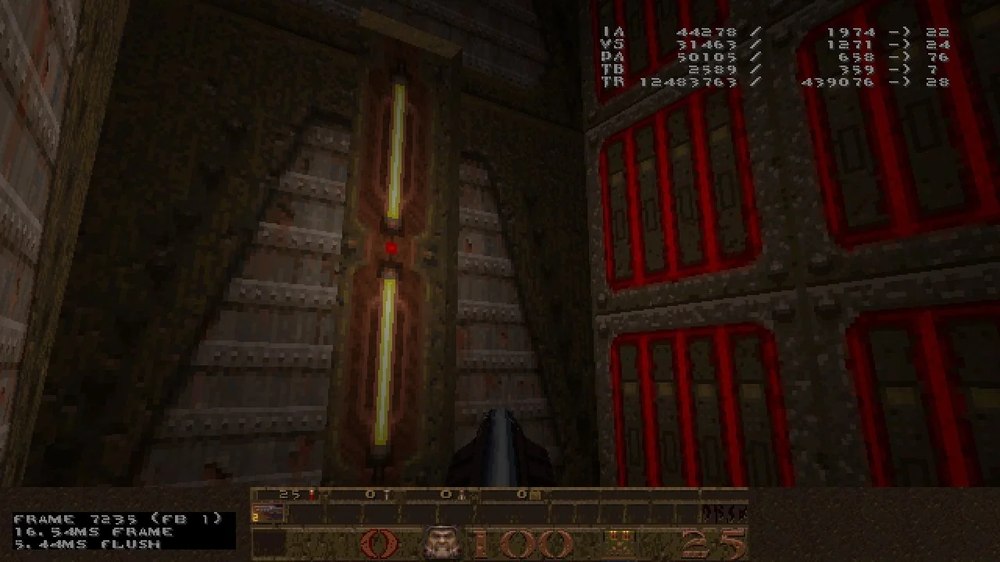 FuryGpu实机运行Quake的画面，左下角显示帧耗时16.54ms（约60fps），右上角是硬件内部的调试计数器